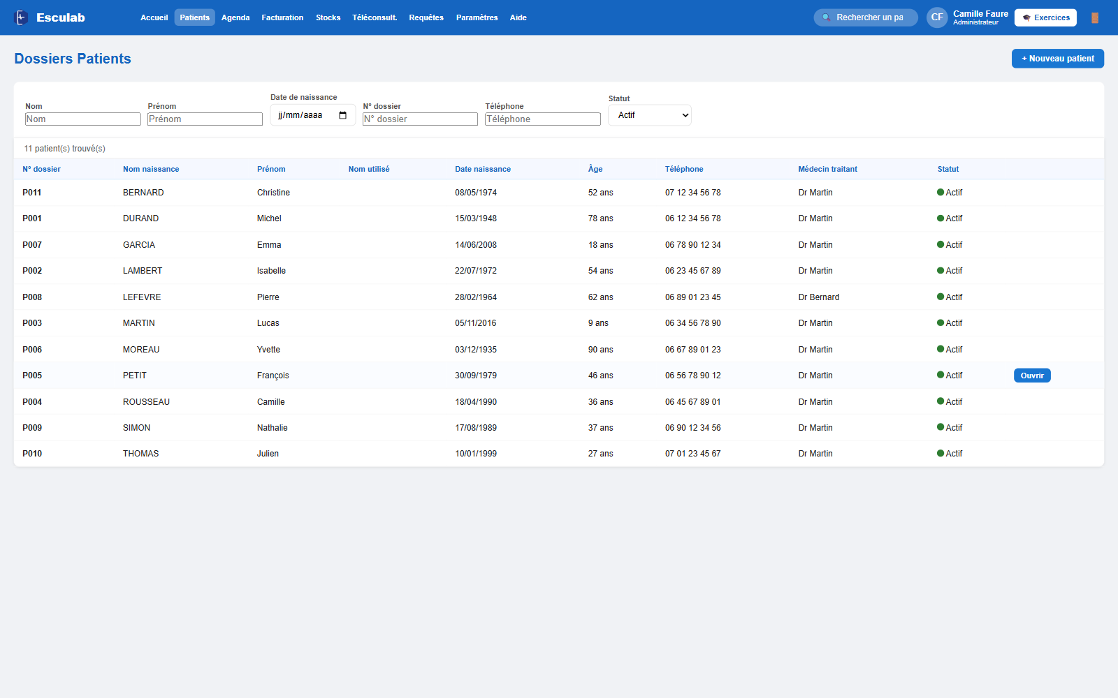 Gestion des patients dans Esculab